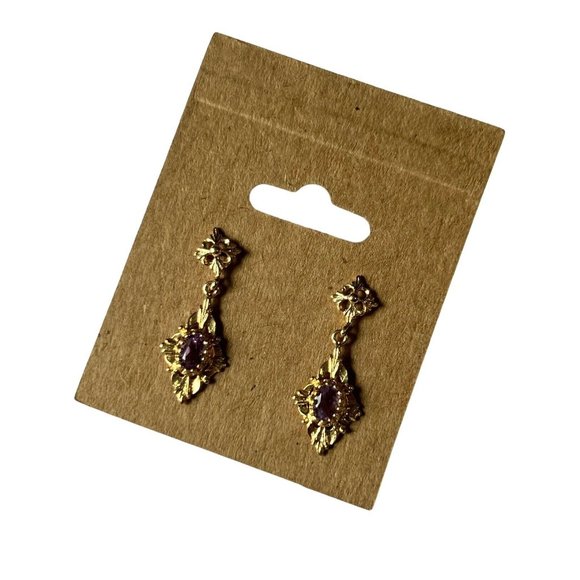 14K Earrings Gold Amethyst Filigree Drop Dangle Vintage Art Deco Signed CU - Picture 1 of 8